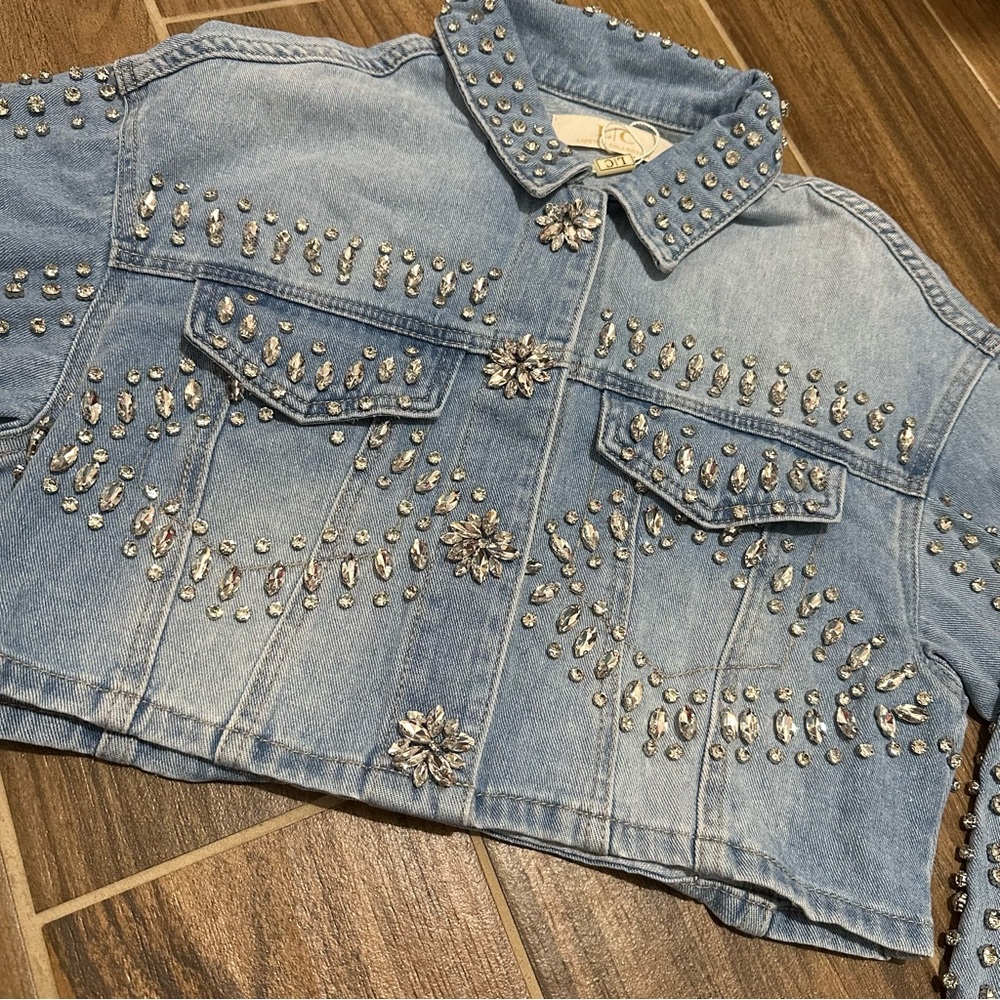 Rhinestone Studded Light Blue Denim Crop Jacket - Picture 3 of 8